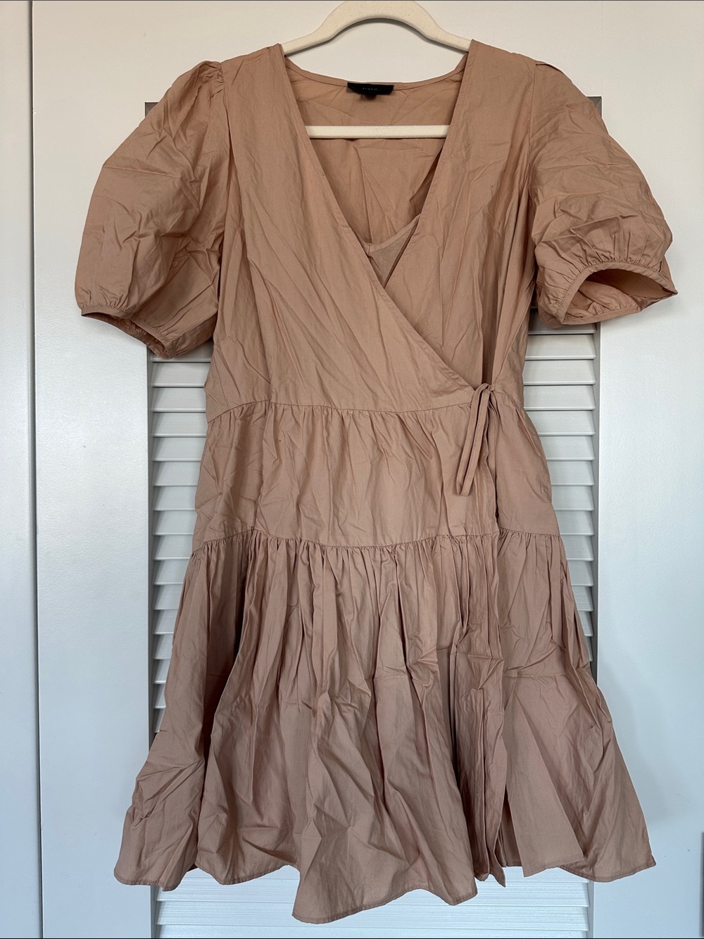 J.Crew Poplin Wrap Mini Dress XS Blush Pink Puff Sleeve Tiered